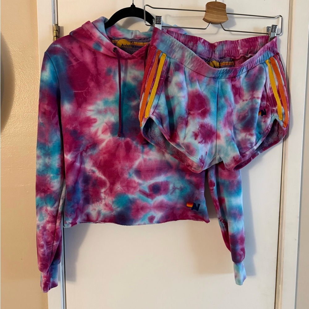 Aviator Nation Pink Tie Dye Cropped Sweatshirt and Stripe Shorts Set